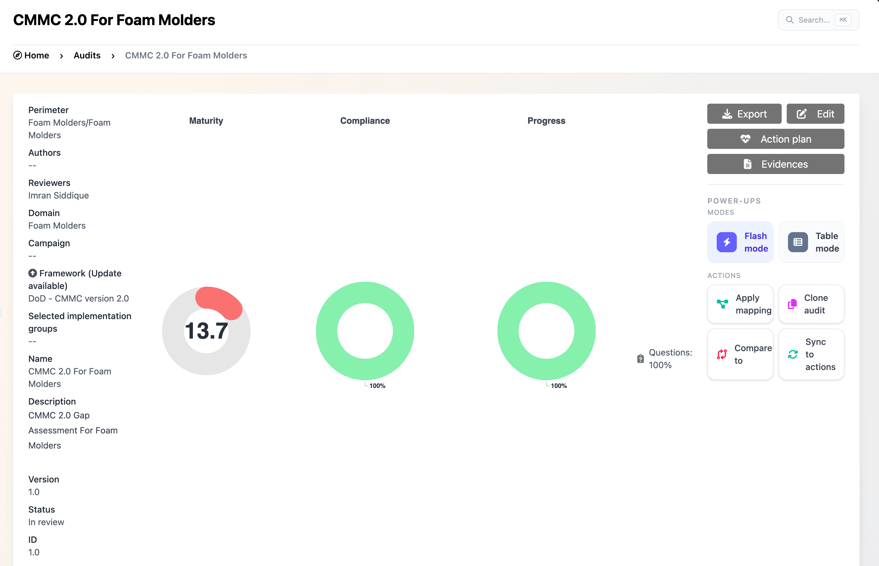 CMMC compliance dashboard with maturity, compliance, and progress metrics