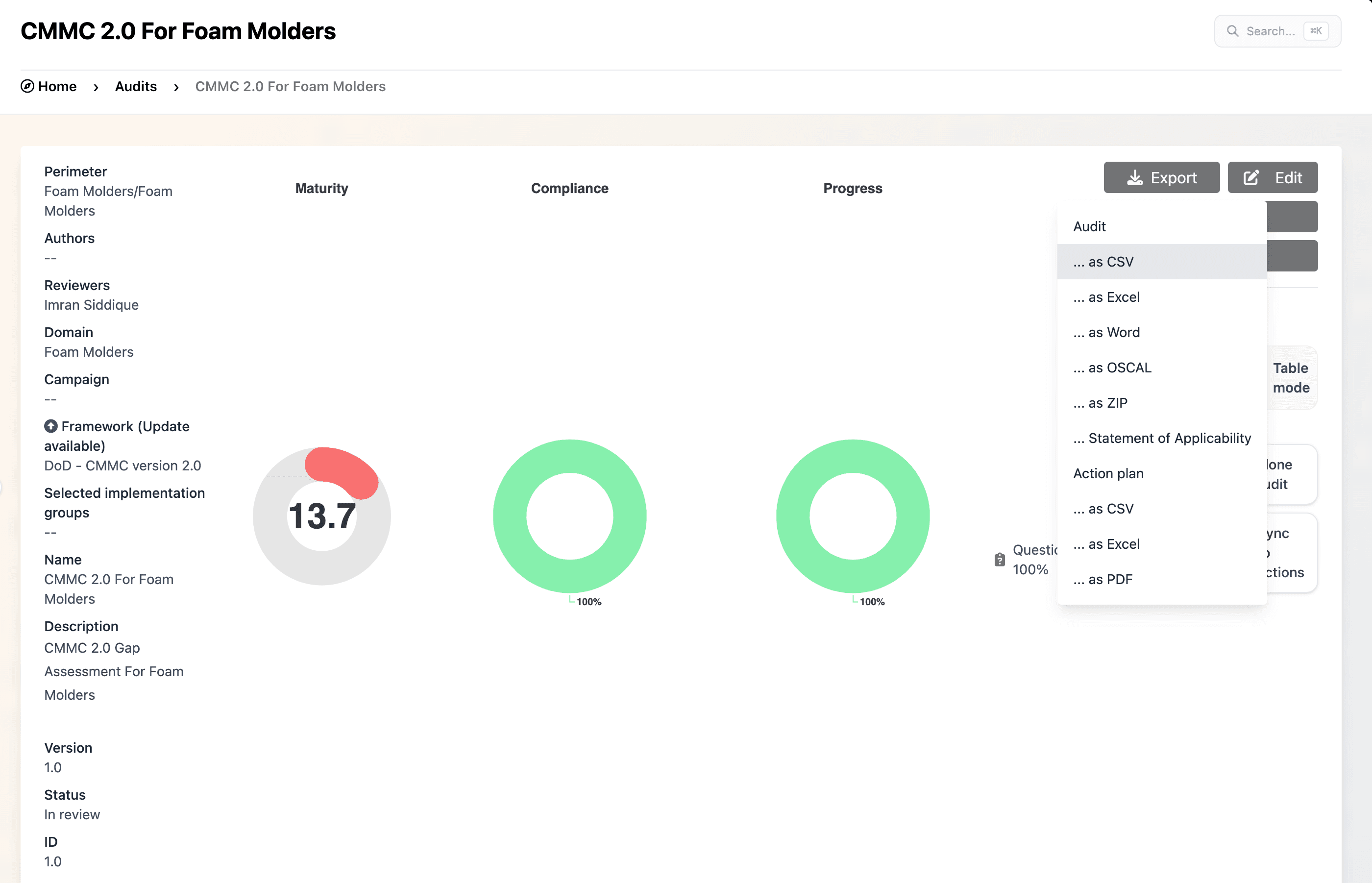 HITRUST CSF audit export and power-ups panel in CyberGuard.ai