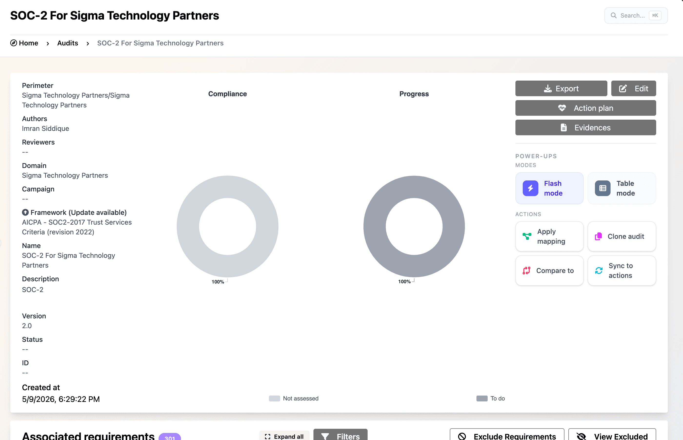 SOC 2 compliance dashboard with maturity, compliance, and progress metrics